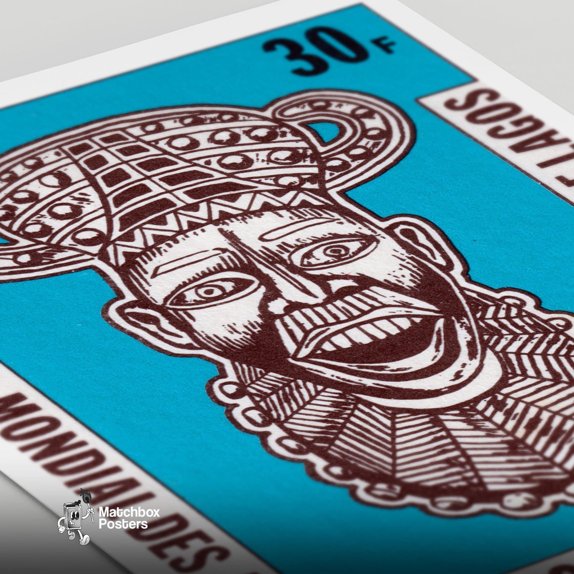 African Mask - vintage matchbox label print - close-up detail