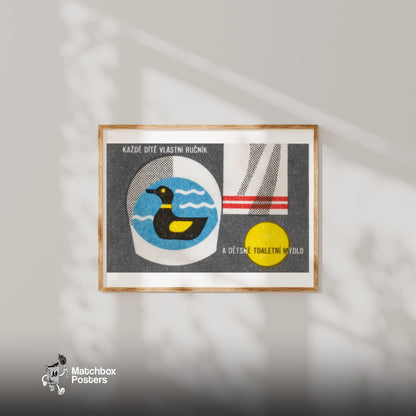 Duck in Bucket - vintage matchbox label print - bedroom mockup