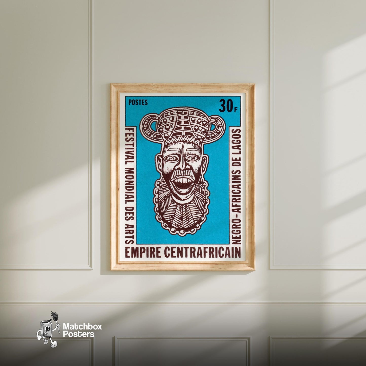 African Mask - vintage matchbox label print - bedroom mockup
