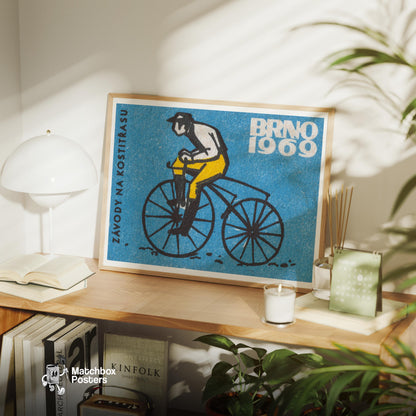 Cyclist on Vintage Bicycle - vintage matchbox label print - size comparison