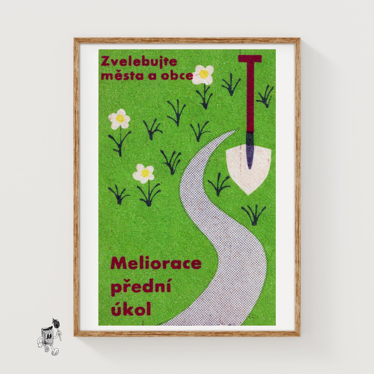 Shovel and Flowers - vintage matchbox label print