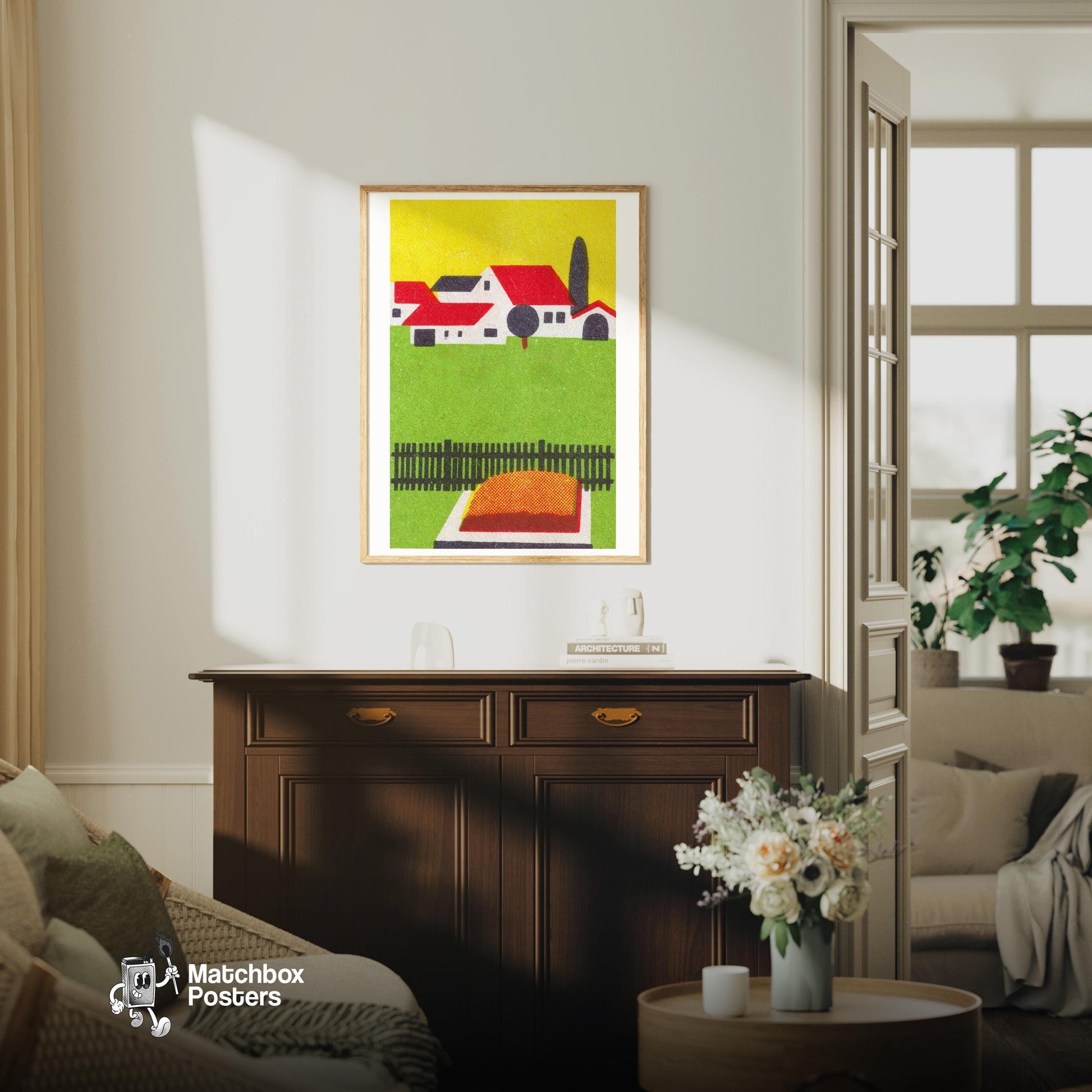 Rural House - vintage matchbox label print - living room mockup