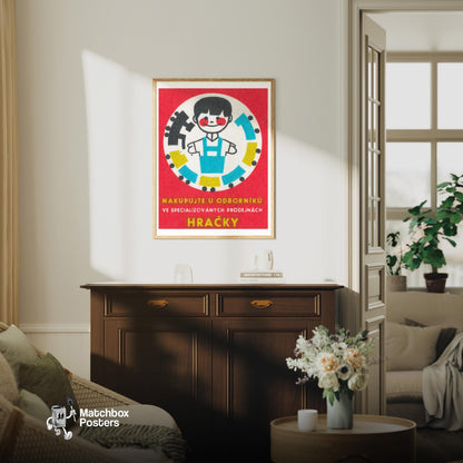 Boy with Train - vintage matchbox label print - living room mockup