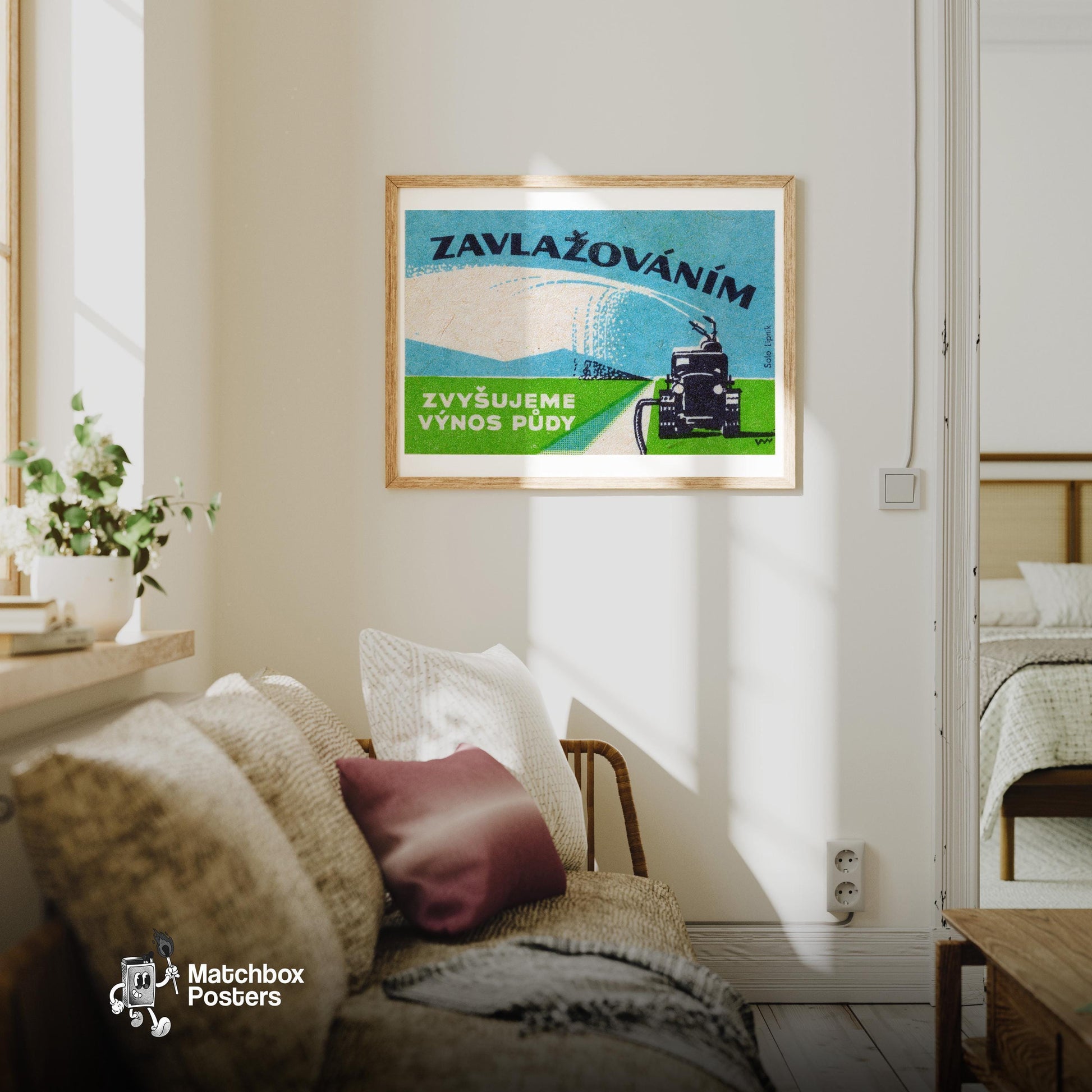 Tractor Irrigation - vintage matchbox label print - living room mockup