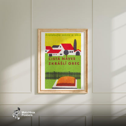 Czech Houses - vintage matchbox label print - bedroom mockup