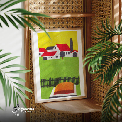 Rural House - vintage matchbox label print - office wall