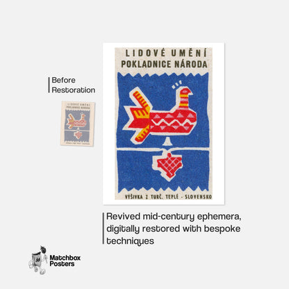 Abstract Folk Bird - vintage matchbox label print - framed wall art preview