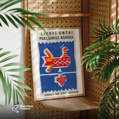 Abstract Folk Bird - vintage matchbox label print - office wall