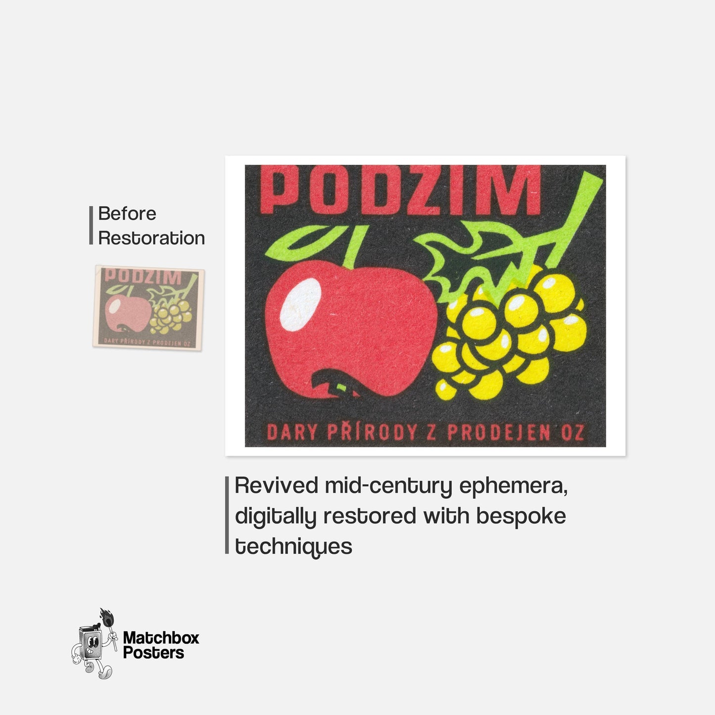 Apple and Yellow Grapes - vintage matchbox label print - framed wall art preview