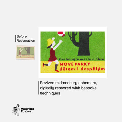 Girl Chasing Ball - vintage matchbox label print - framed wall art preview