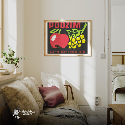 Apple and Yellow Grapes - vintage matchbox label print - living room mockup