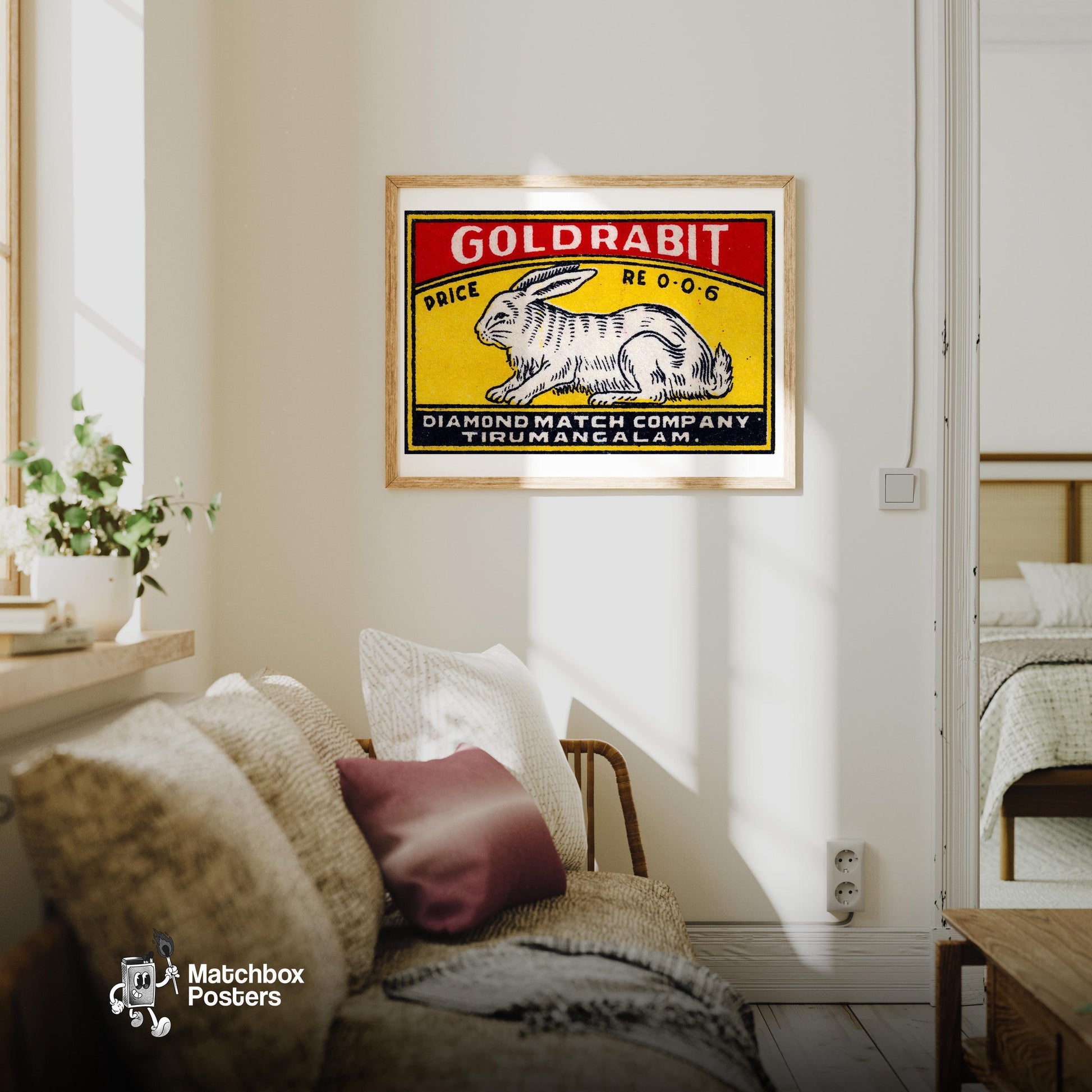 White Rabbit - vintage matchbox label print - living room mockup