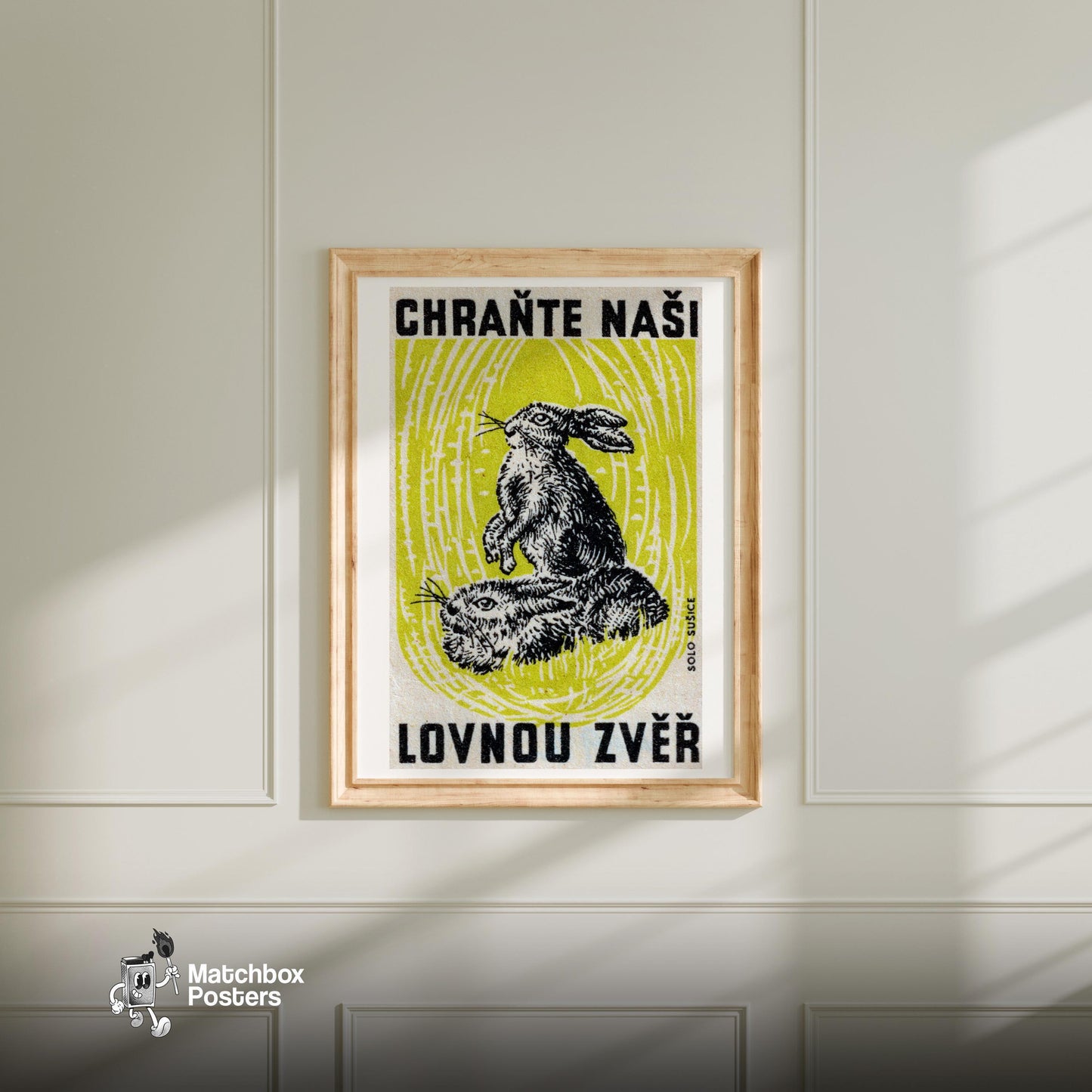 Two Rabbits - vintage matchbox label print - bedroom mockup
