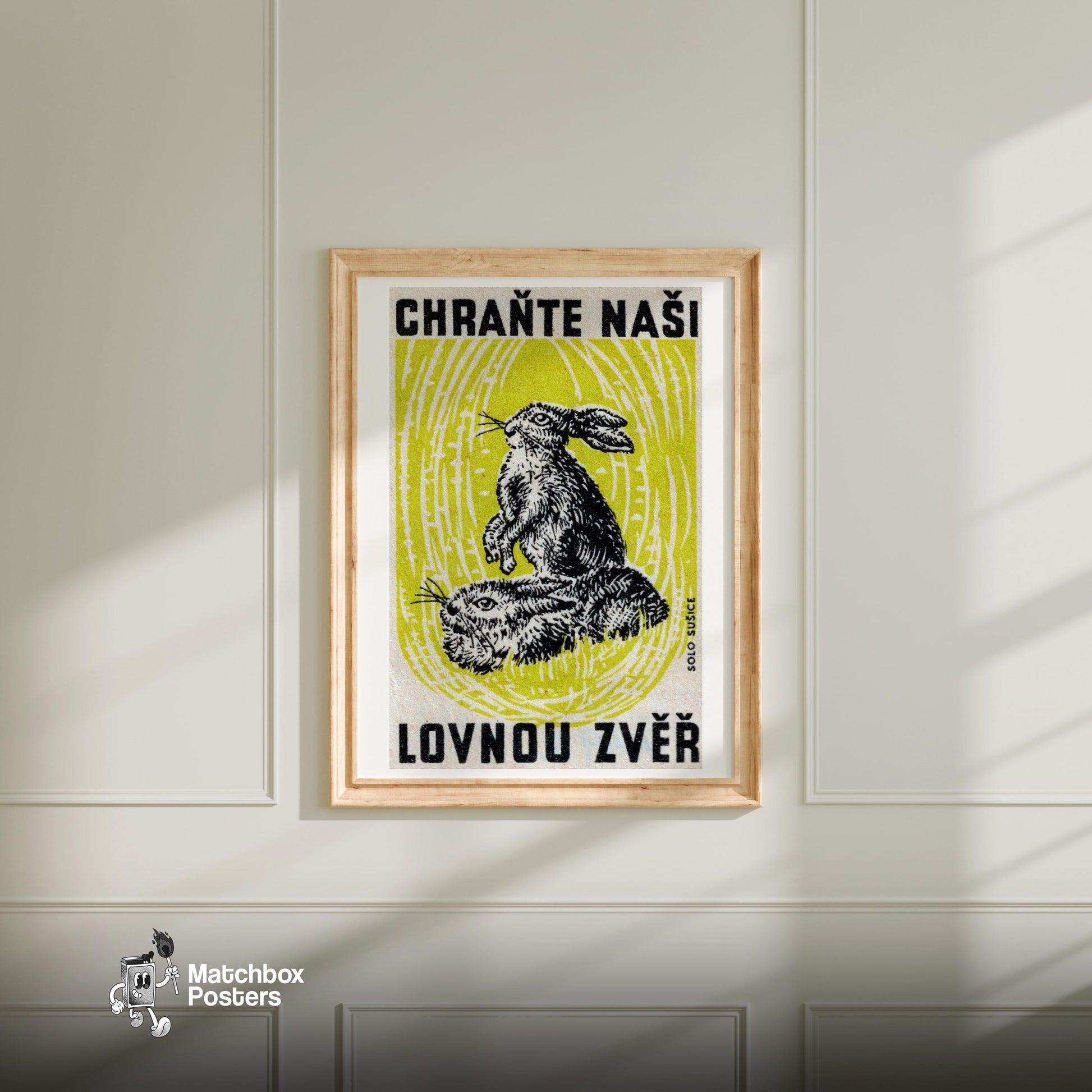 Two Rabbits - vintage matchbox label print - bedroom mockup