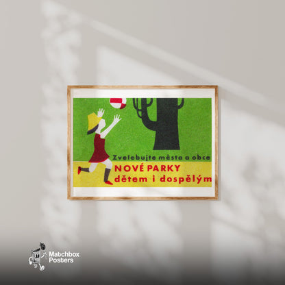 Girl Chasing Ball - vintage matchbox label print - bedroom mockup