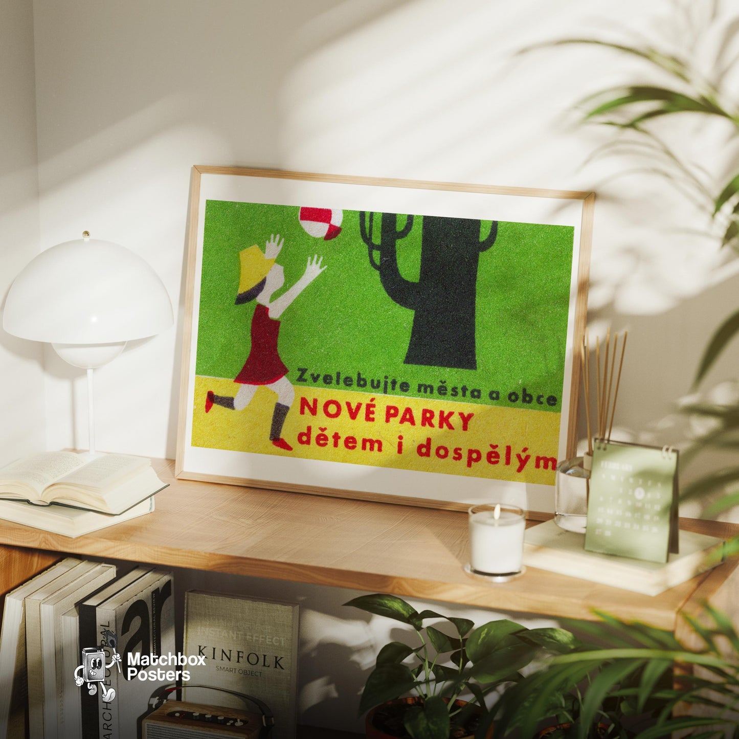 Girl Chasing Ball - vintage matchbox label print - office wall