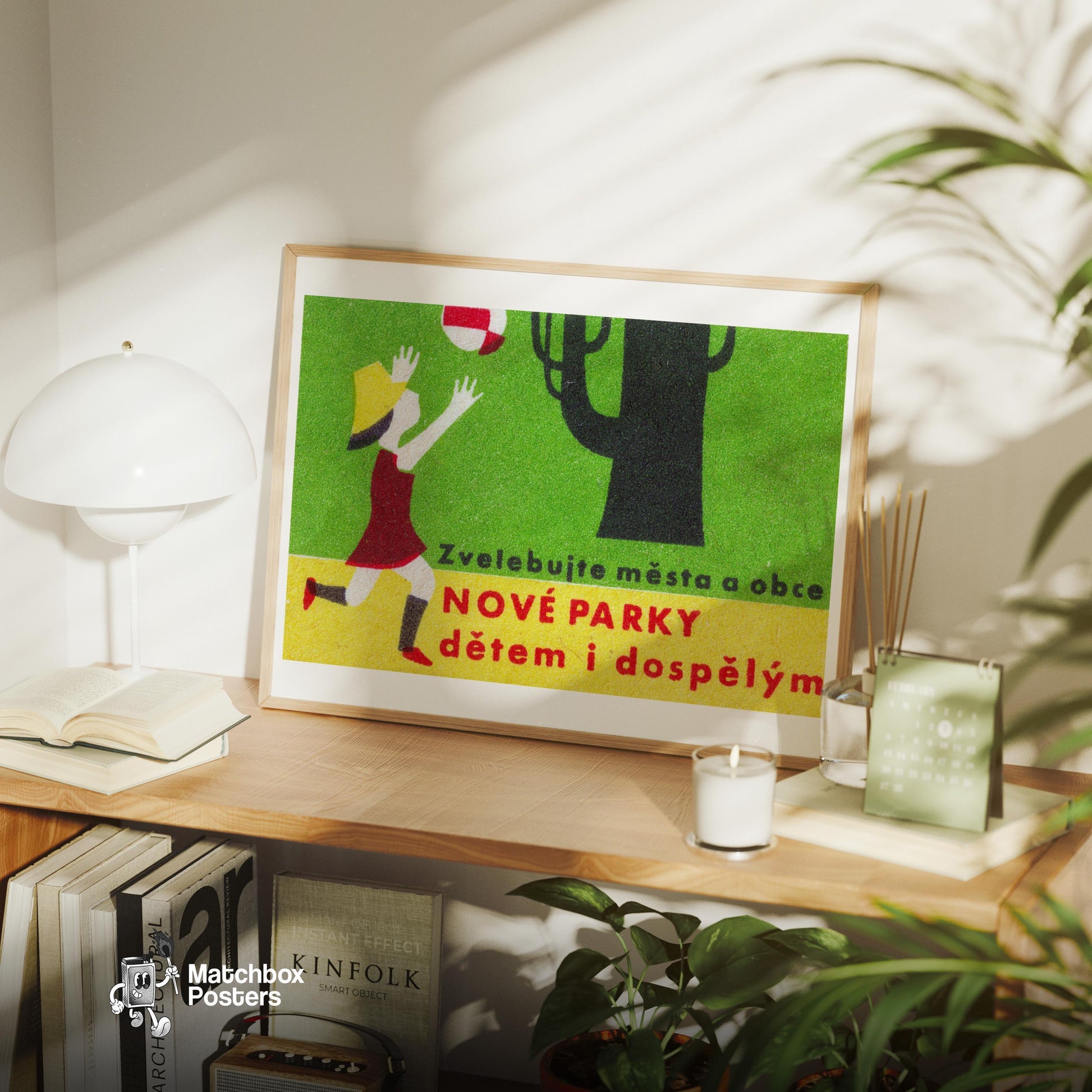 Girl Chasing Ball - vintage matchbox label print - office wall