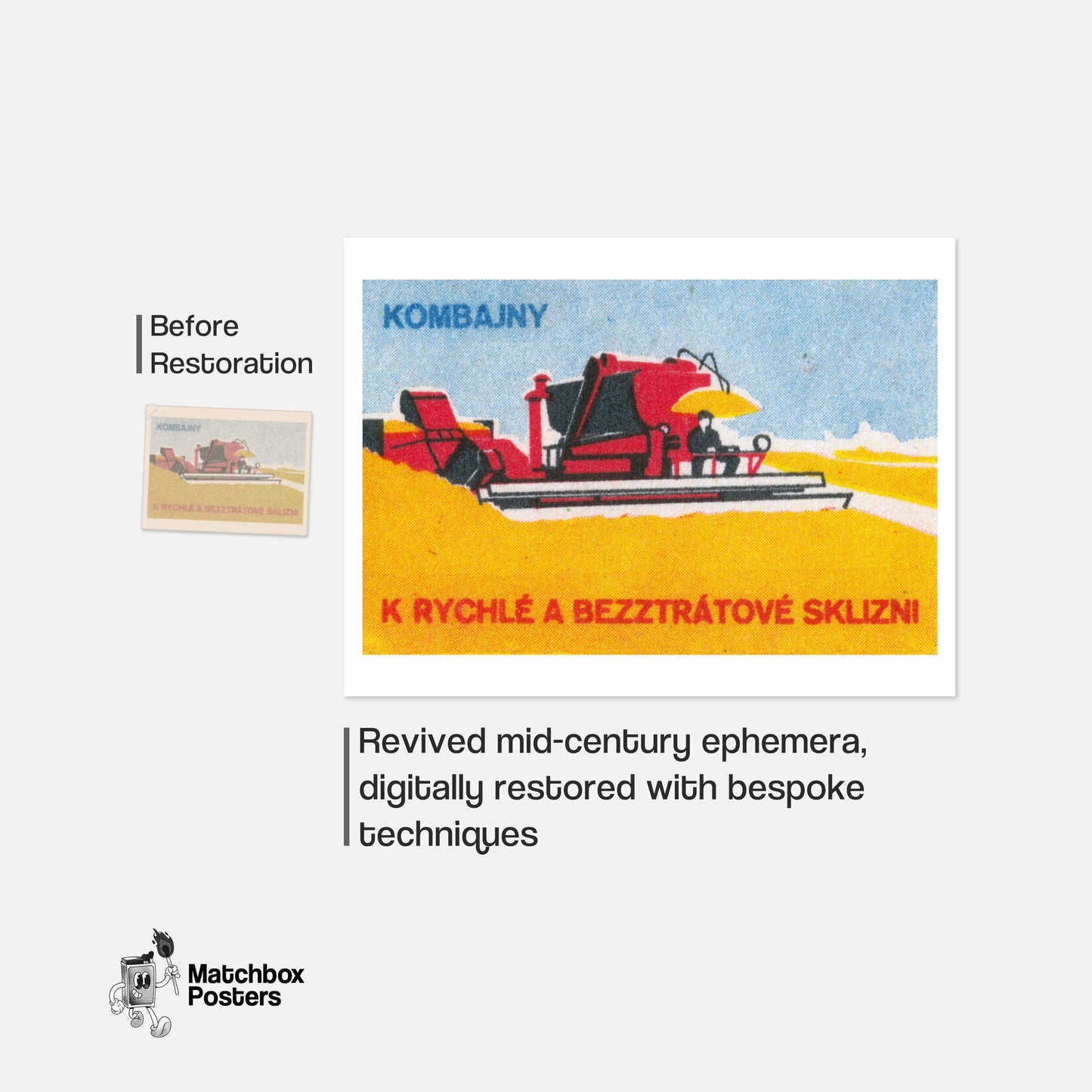 Red Combine Harvester - vintage matchbox label print - framed wall art preview