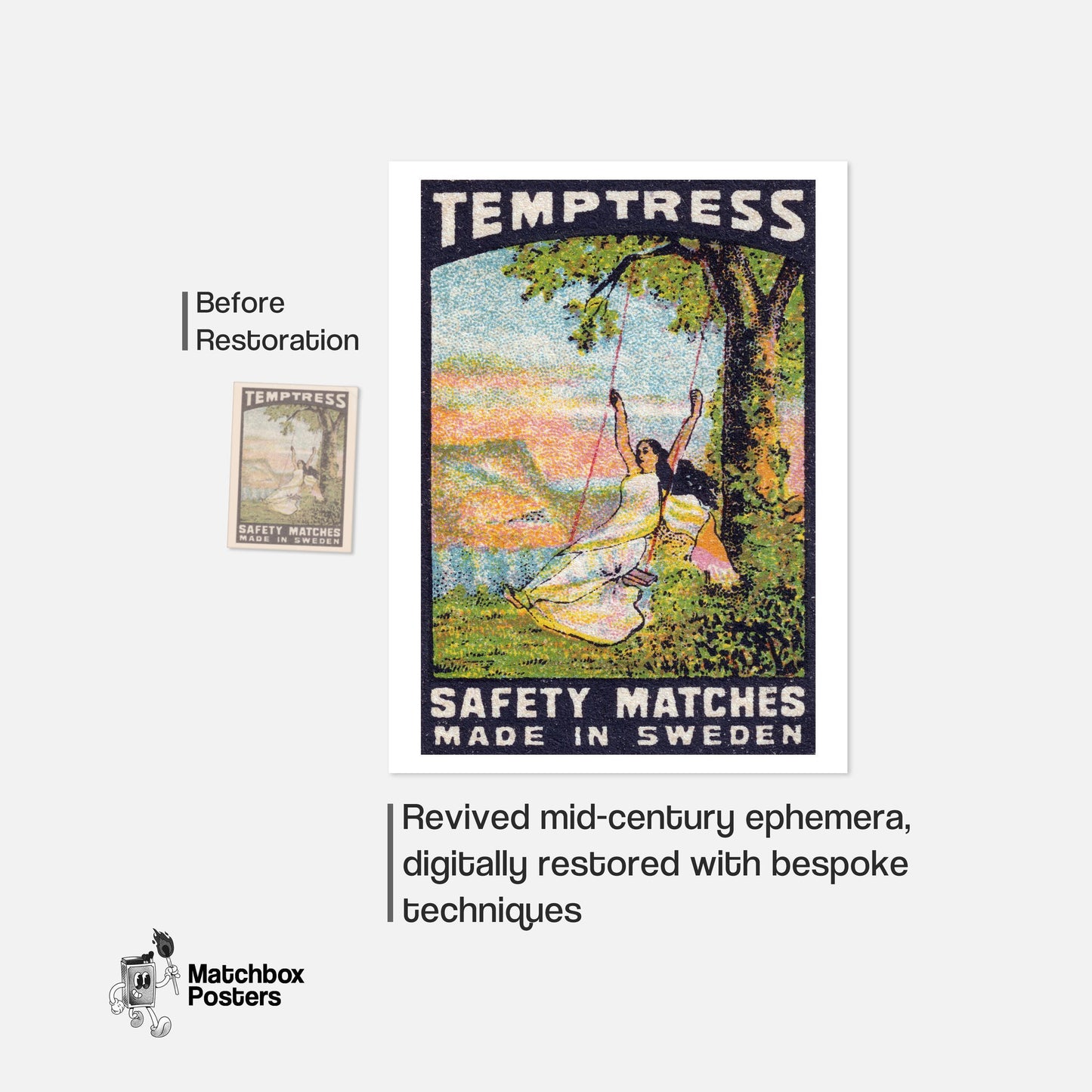 Woman on Swing - vintage matchbox label print - framed wall art preview