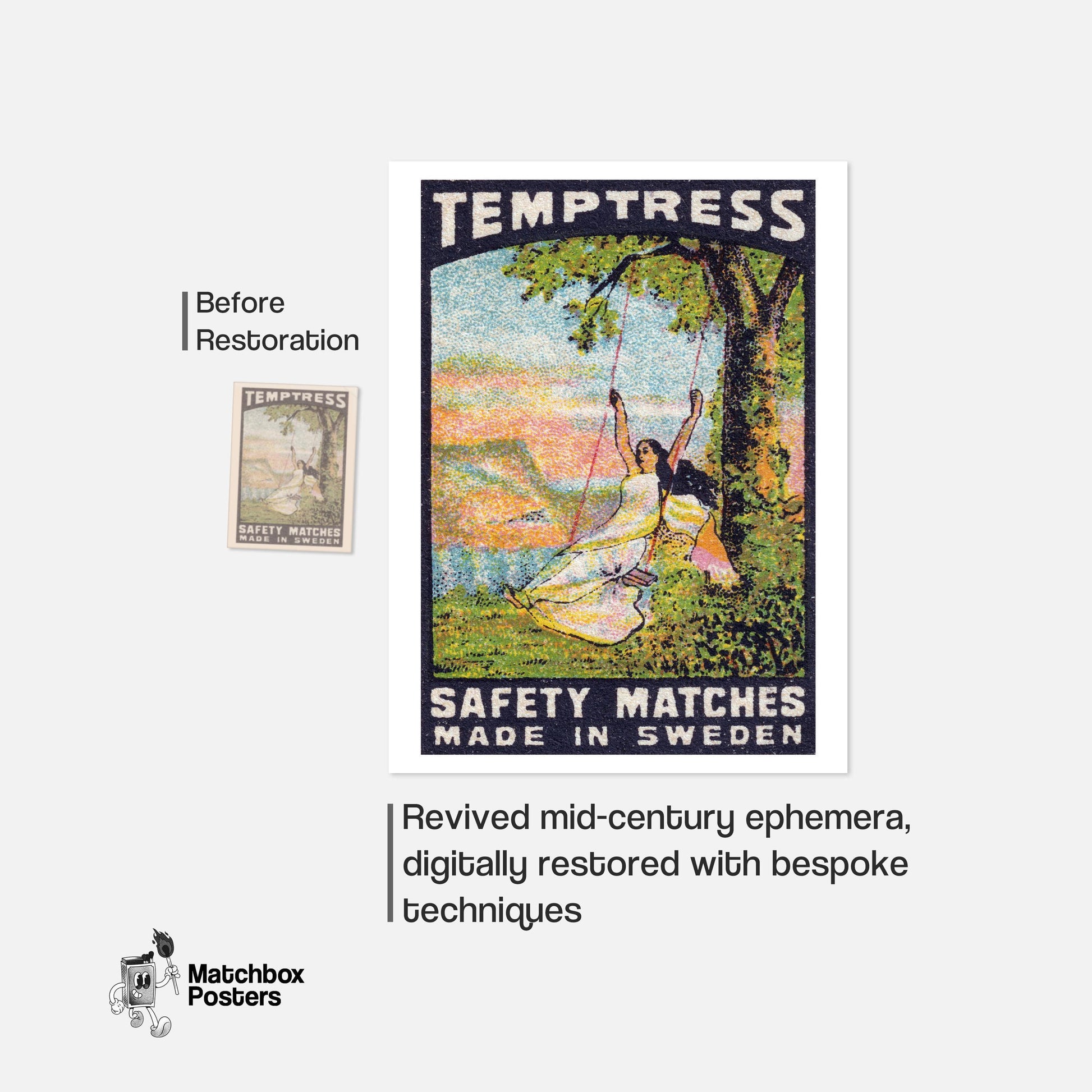 Woman on Swing - vintage matchbox label print - framed wall art preview