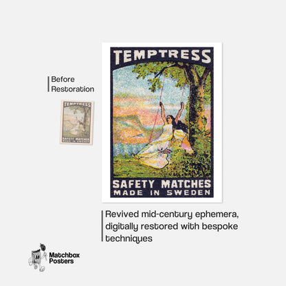 Woman on Swing - vintage matchbox label print - framed wall art preview