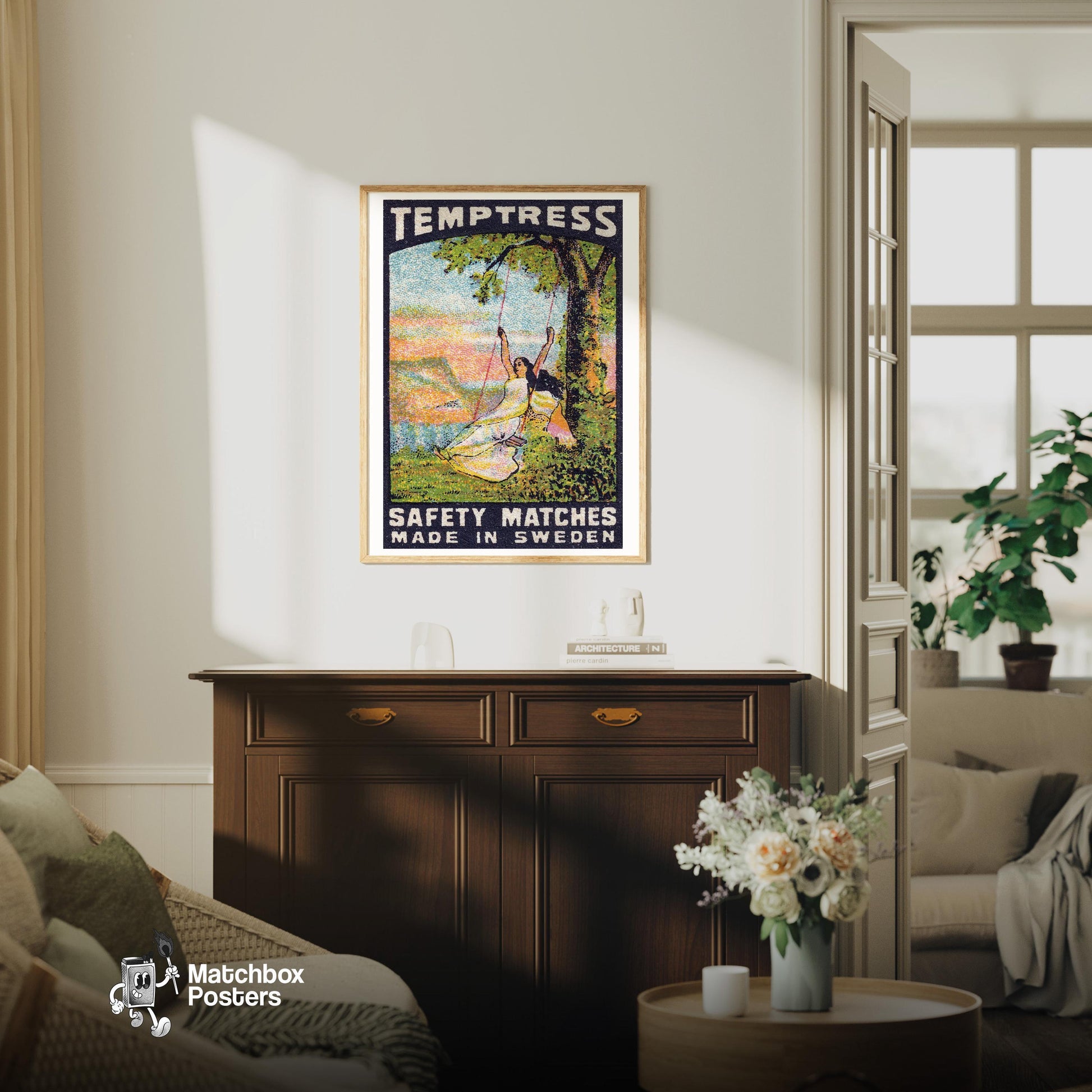 Woman on Swing - vintage matchbox label print - living room mockup