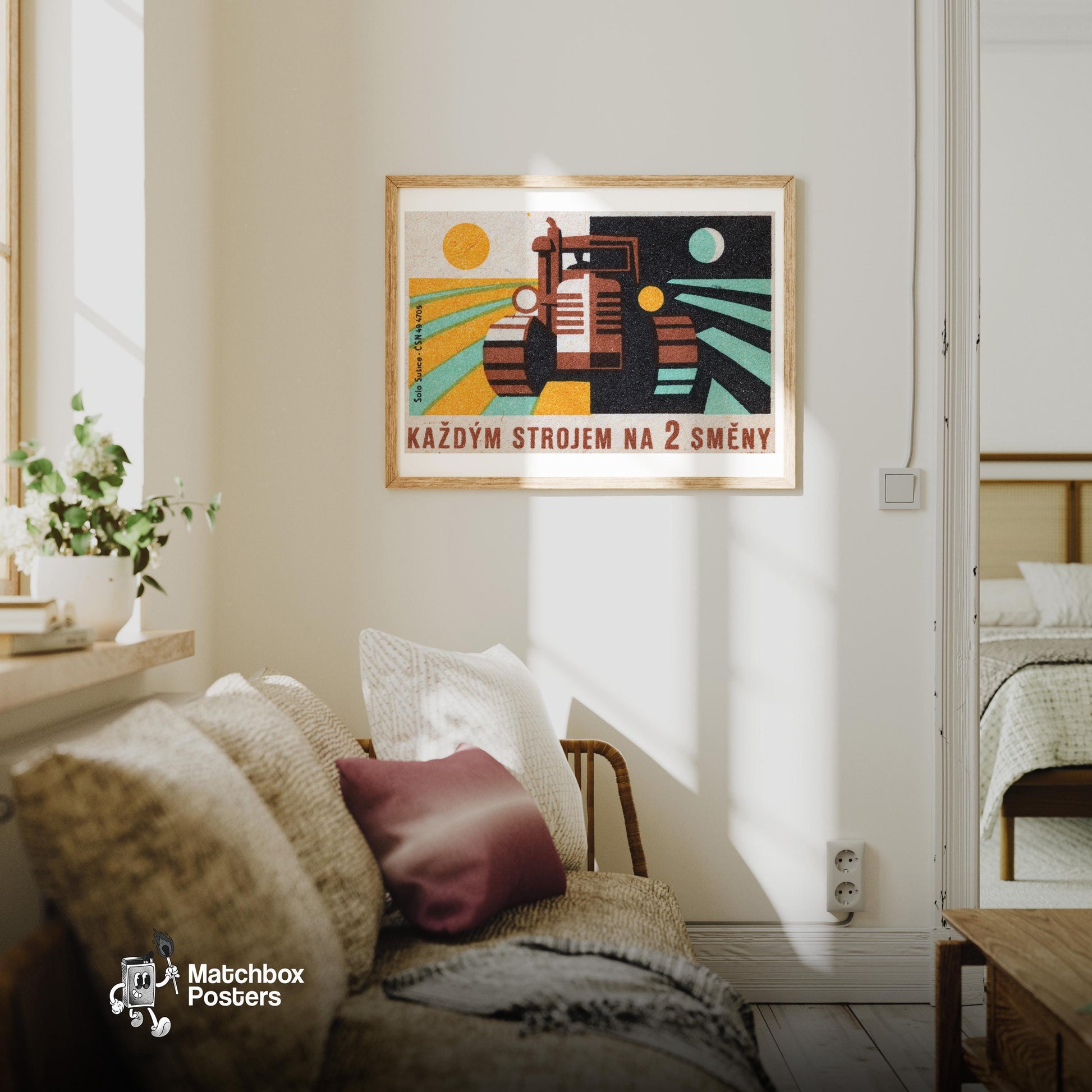 Day and Night Farming - vintage matchbox label print - living room mockup