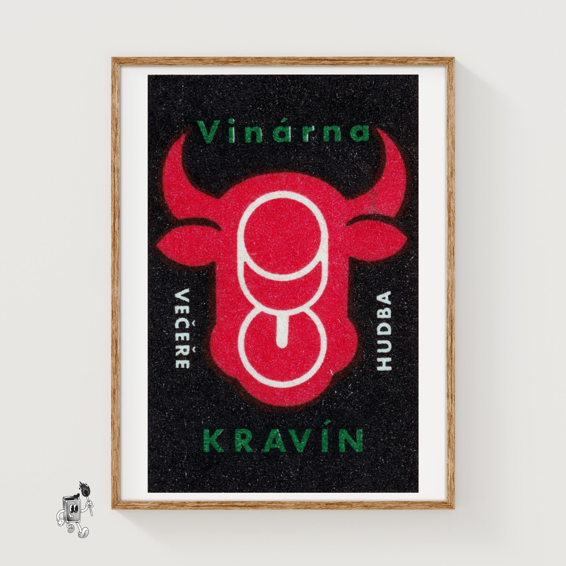 Cow Head with Wine Glasses - vintage matchbox label print