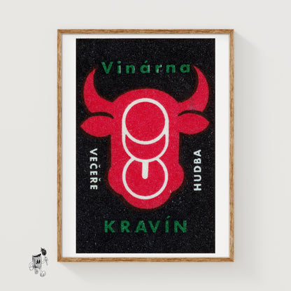 Cow Head with Wine Glasses - vintage matchbox label print