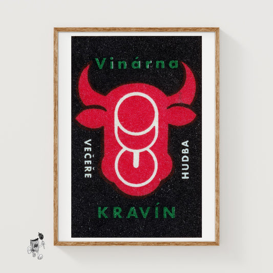 Cow Head with Wine Glasses - vintage matchbox label print