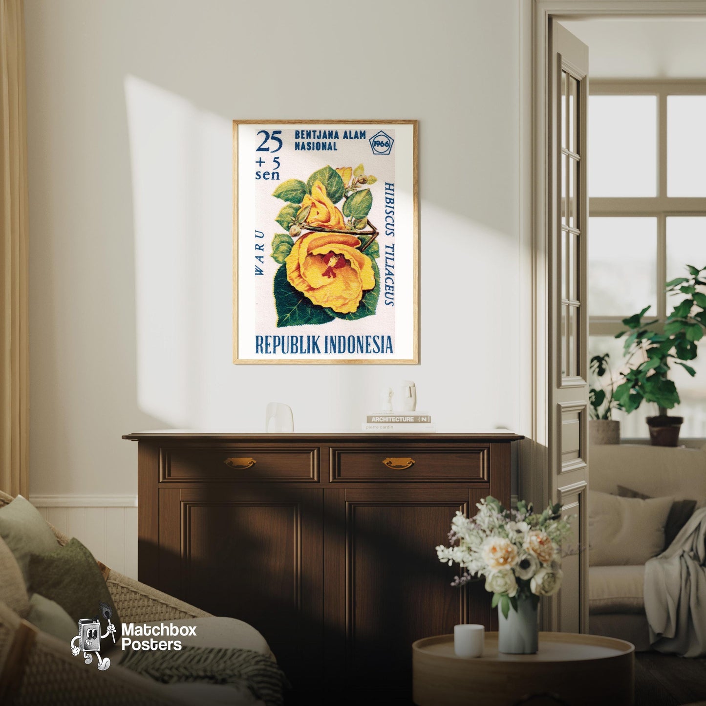 Yellow Hibiscus Flower - vintage matchbox label print - living room mockup