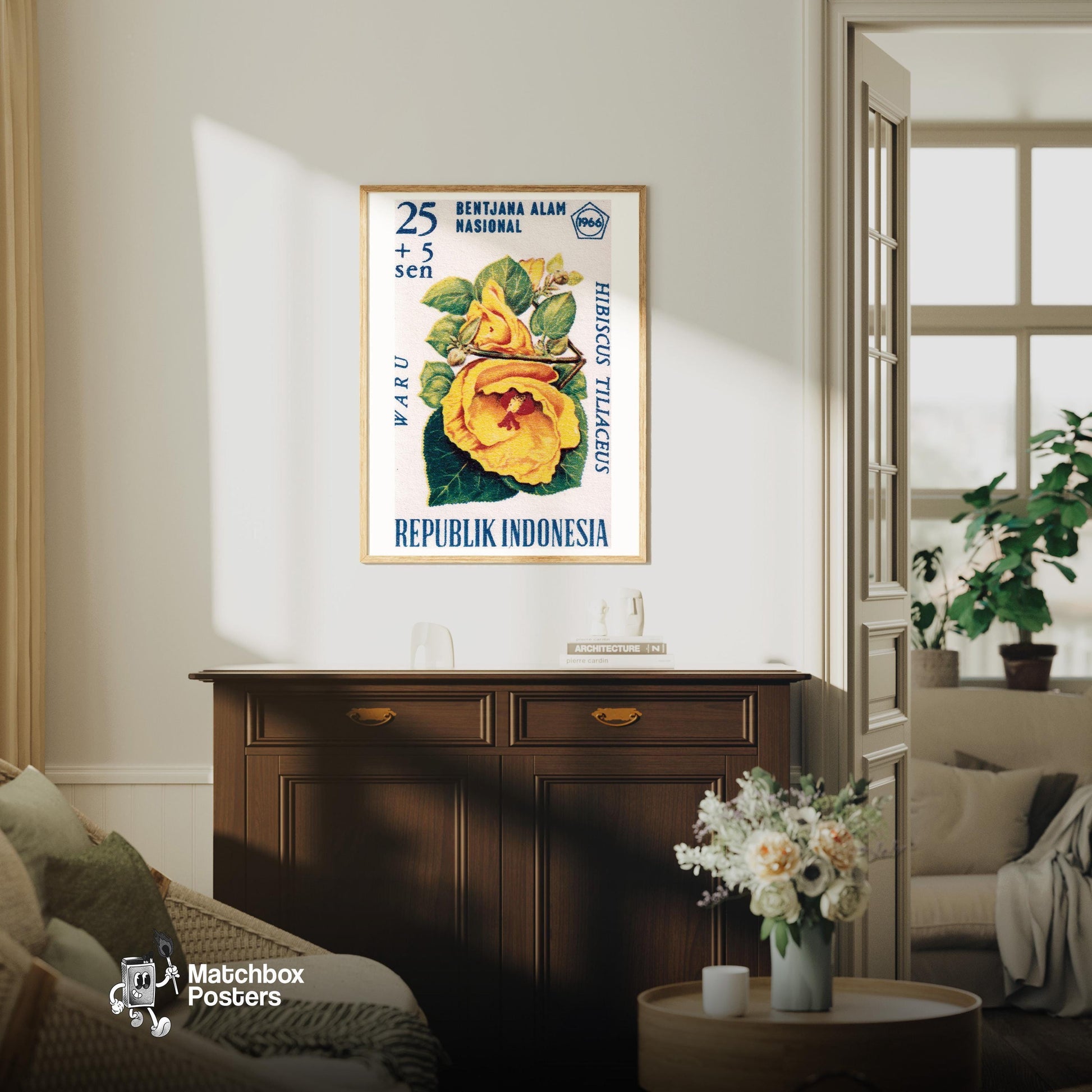 Yellow Hibiscus Flower - vintage matchbox label print - living room mockup