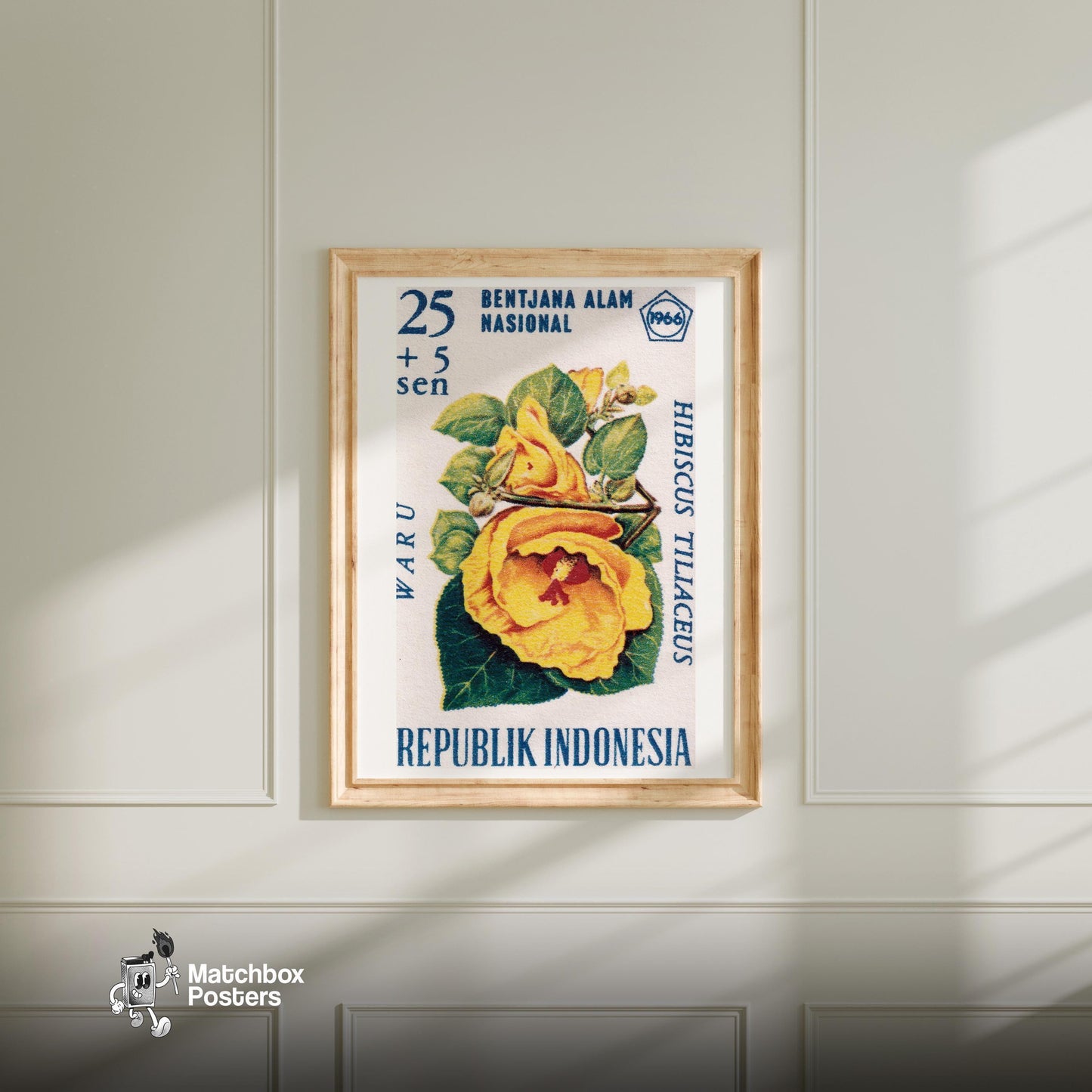 Yellow Hibiscus Flower - vintage matchbox label print - bedroom mockup