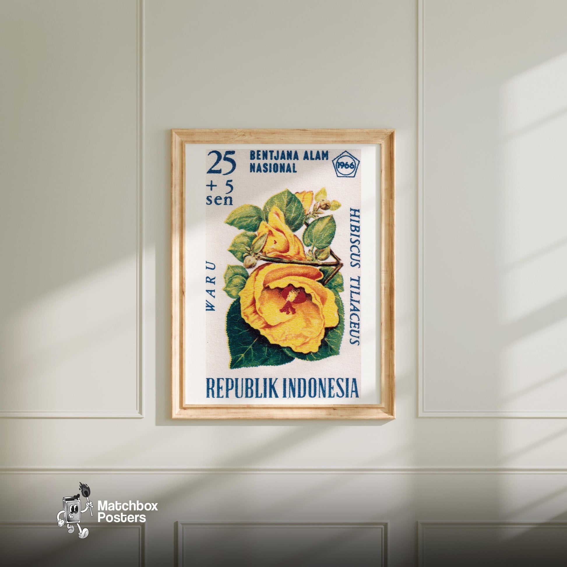 Yellow Hibiscus Flower - vintage matchbox label print - bedroom mockup
