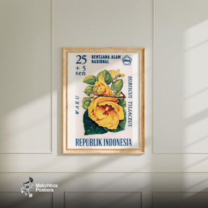 Yellow Hibiscus Flower - vintage matchbox label print - bedroom mockup