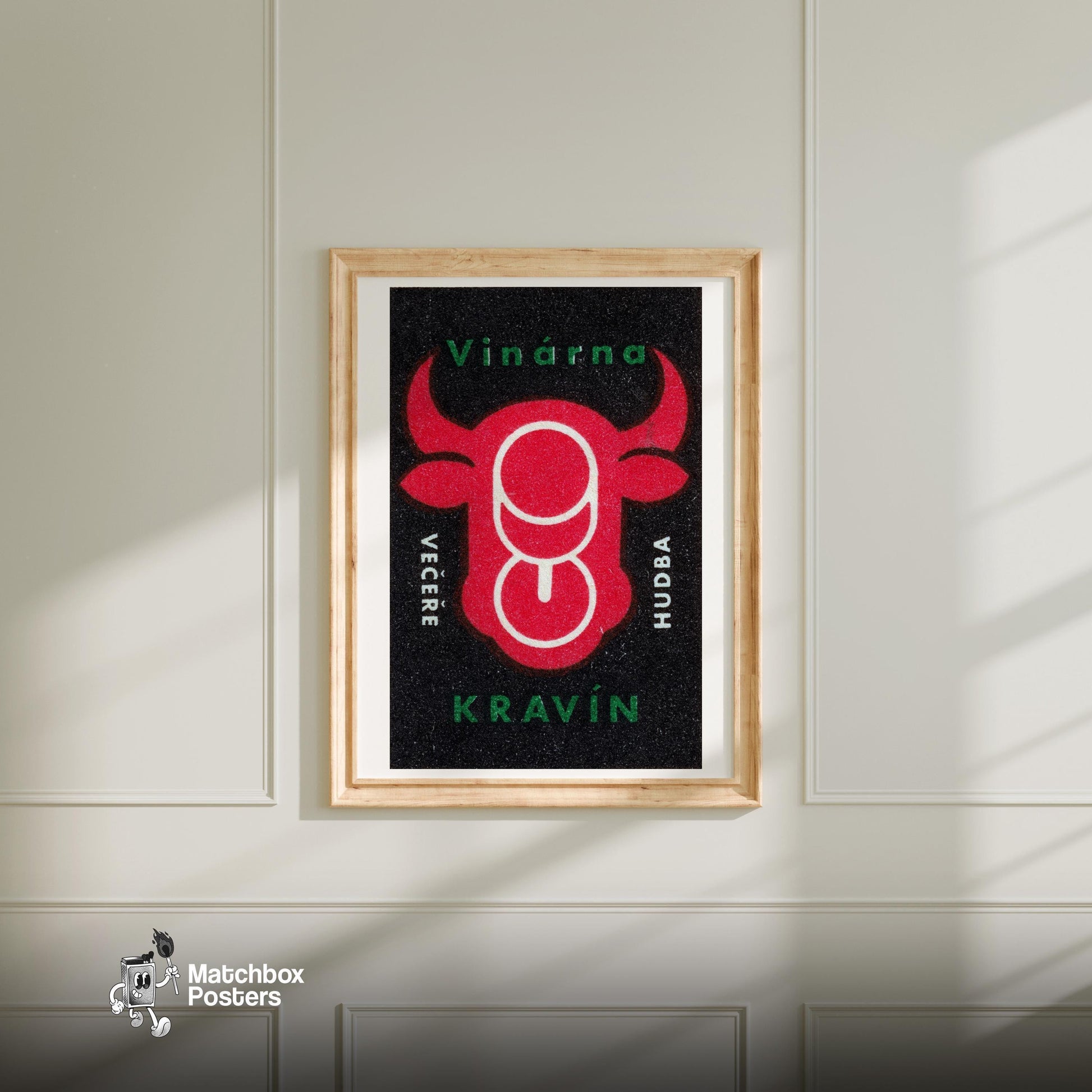 Cow Head with Wine Glasses - vintage matchbox label print - bedroom mockup