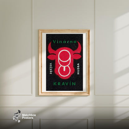Cow Head with Wine Glasses - vintage matchbox label print - bedroom mockup