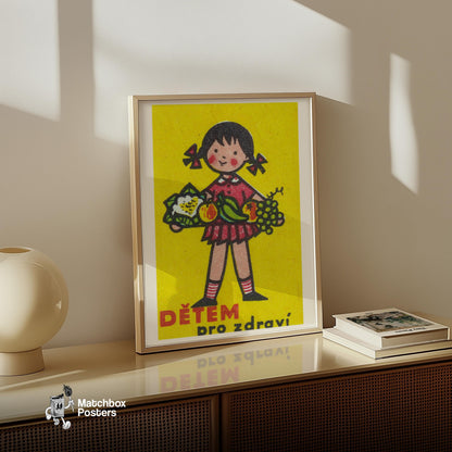 Girl Holding Platter of Fruits - vintage matchbox label print - size comparison