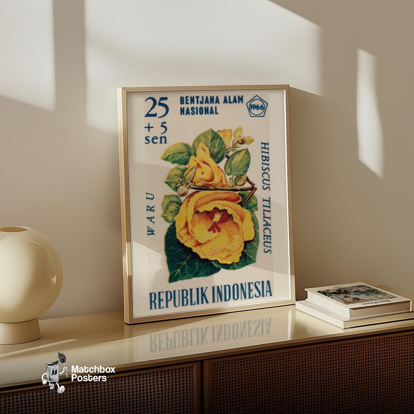 Yellow Hibiscus Flower - vintage matchbox label print - size comparison