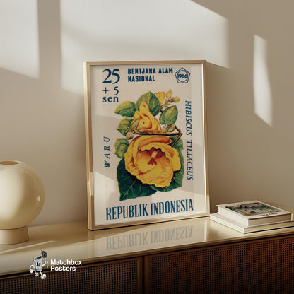 Yellow Hibiscus Flower - vintage matchbox label print - size comparison