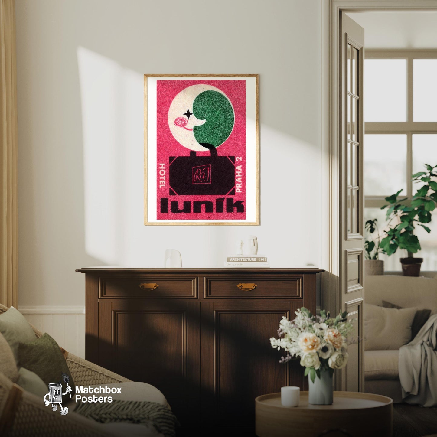 Moon Hotel - vintage matchbox label print - living room mockup