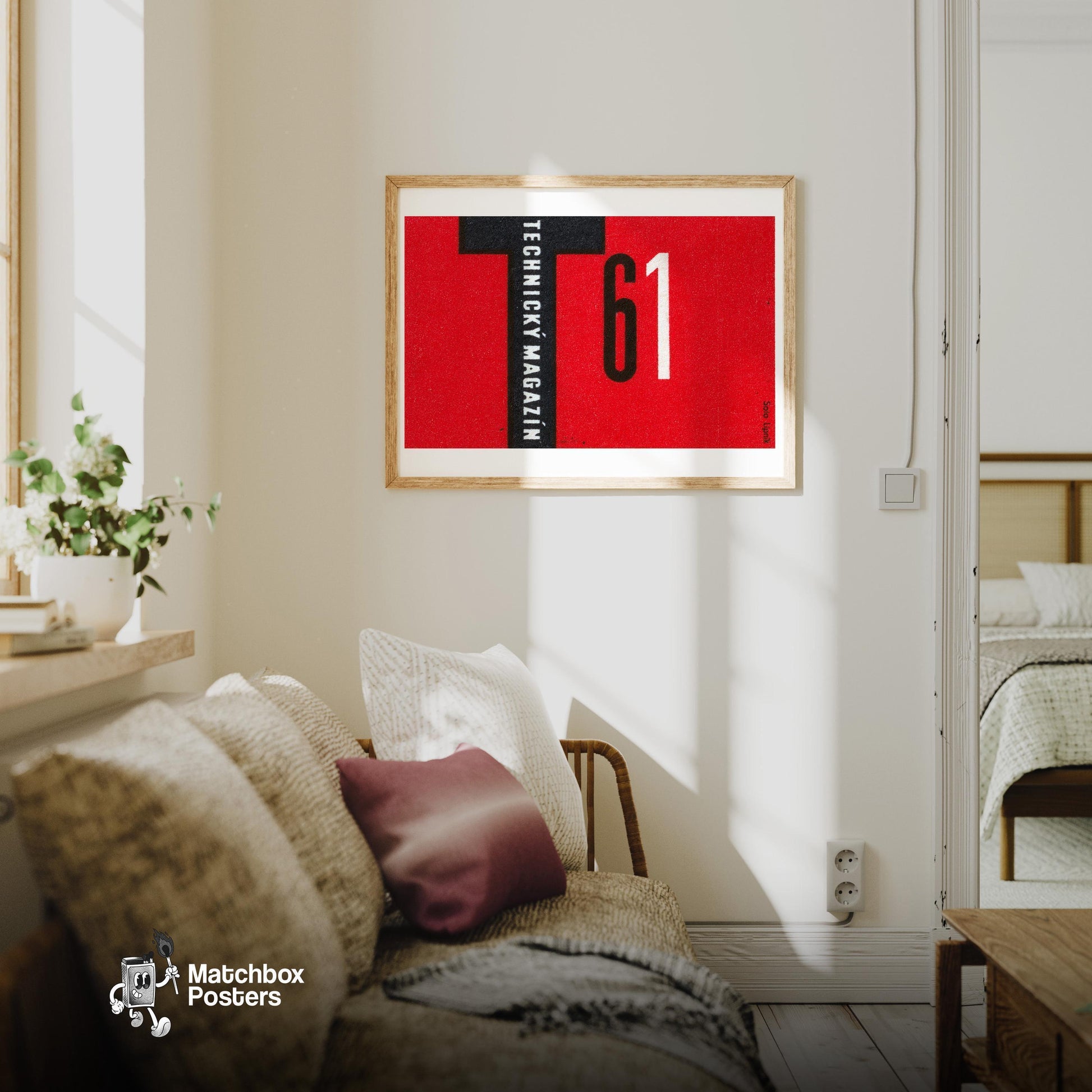 Large Letter 'T' - vintage matchbox label print - living room mockup