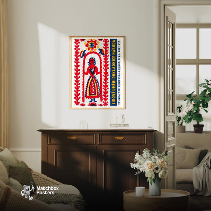 Folk Girl - vintage matchbox label print - living room mockup