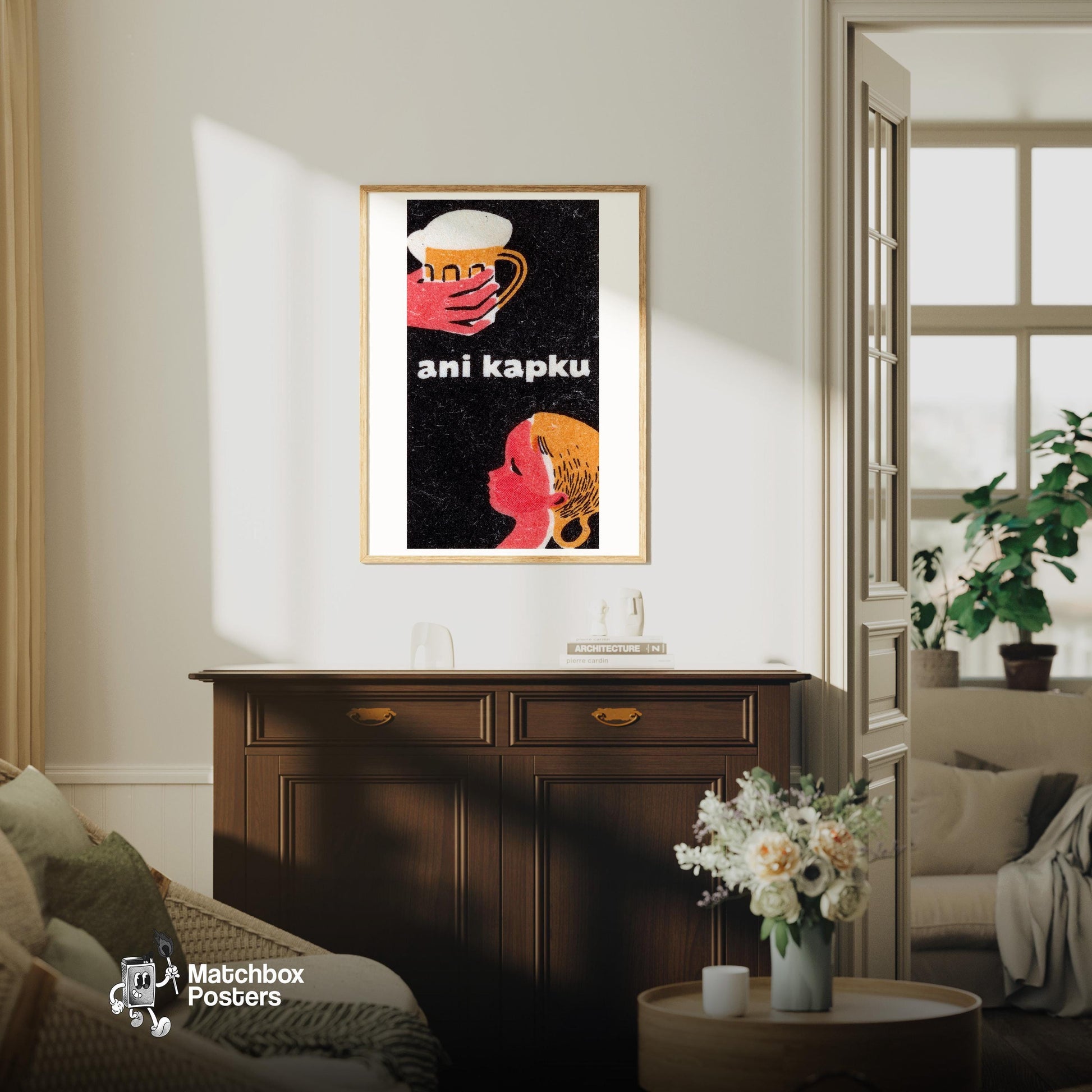 Person with Mug - vintage matchbox label print - living room mockup