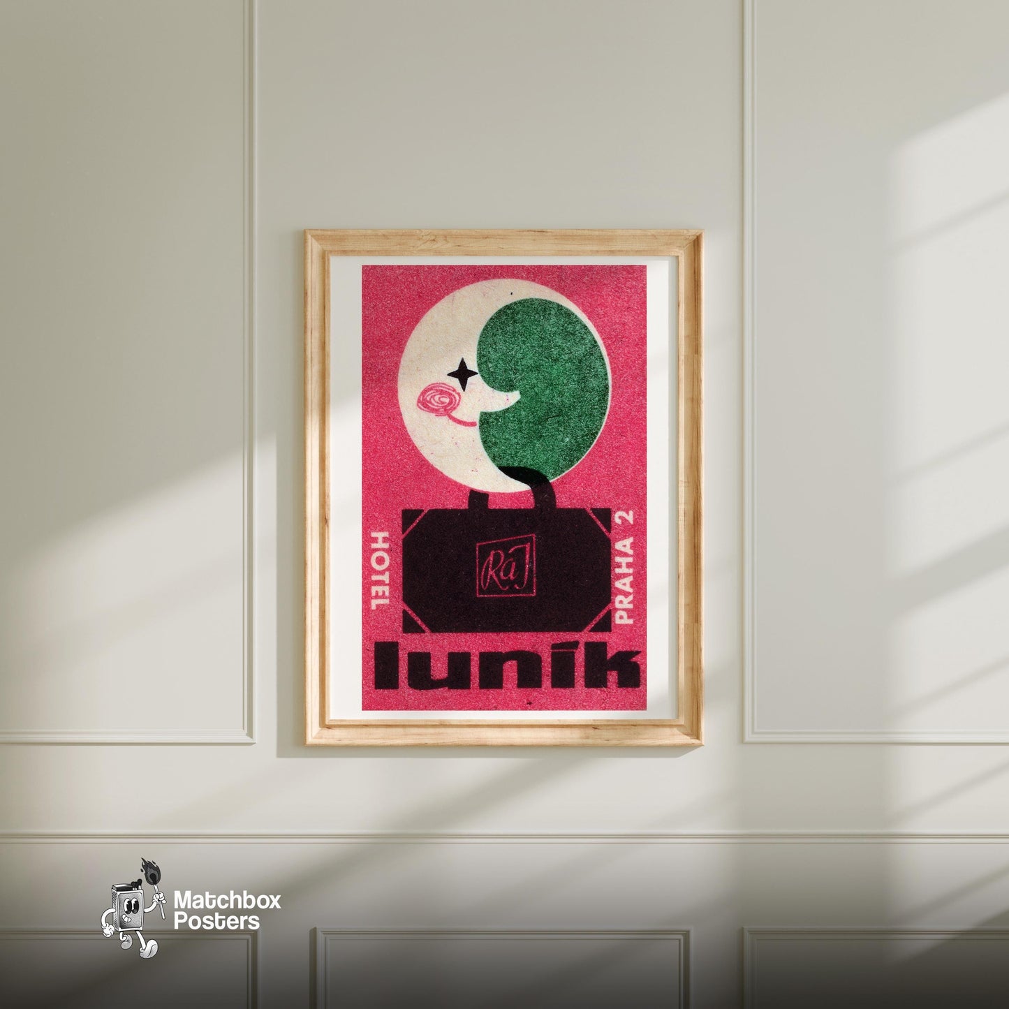 Moon Hotel - vintage matchbox label print - bedroom mockup