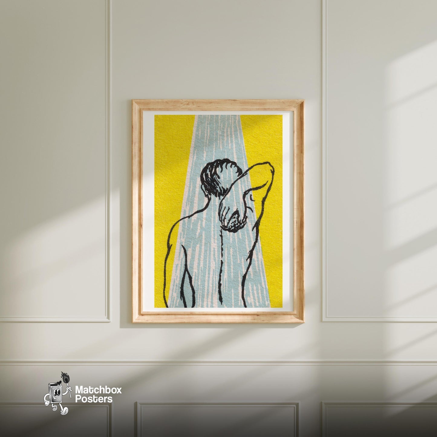 Back View Of A Person Under A Shower - vintage matchbox label print - bedroom mockup