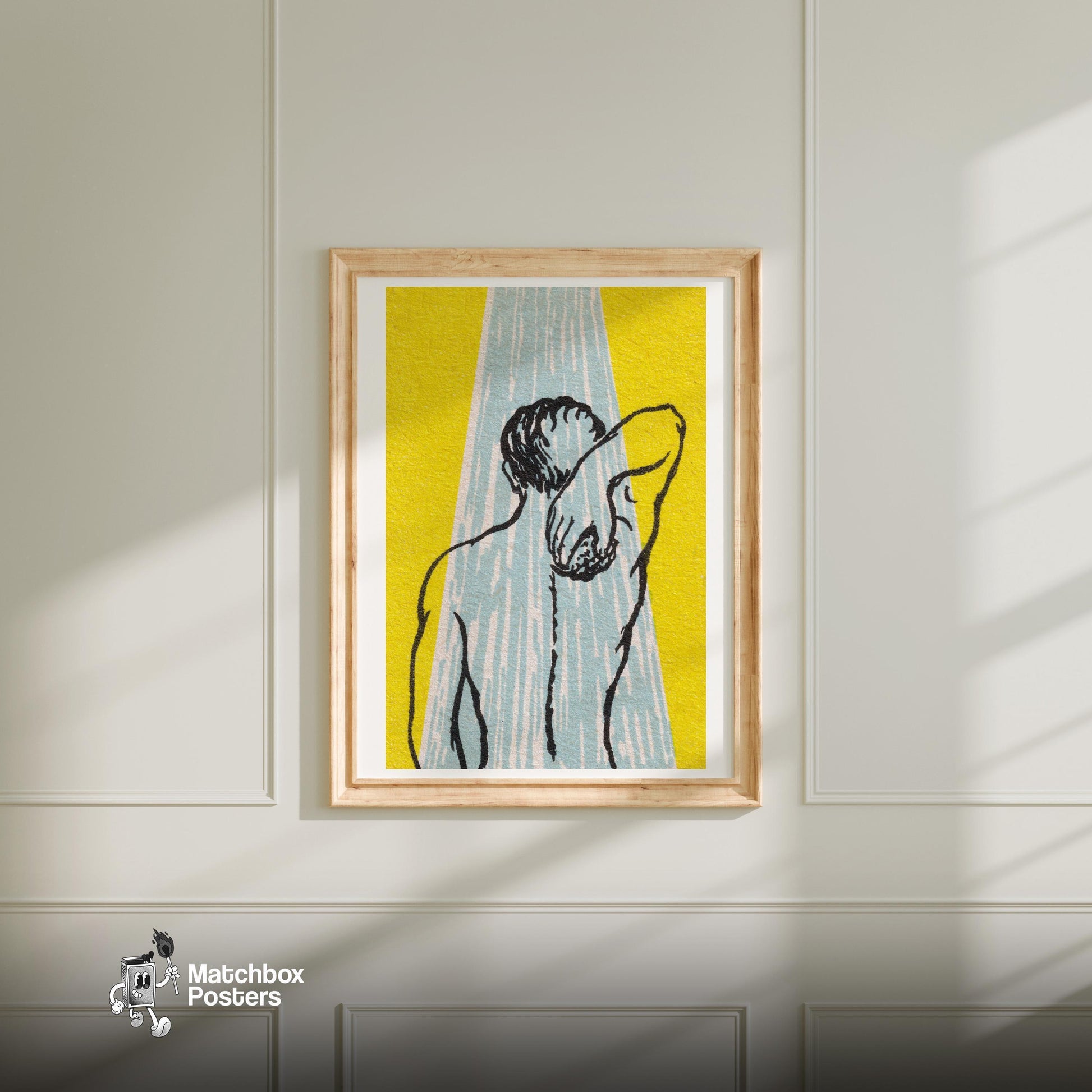 Back View Of A Person Under A Shower - vintage matchbox label print - bedroom mockup