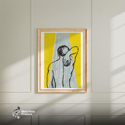 Back View Of A Person Under A Shower - vintage matchbox label print - bedroom mockup