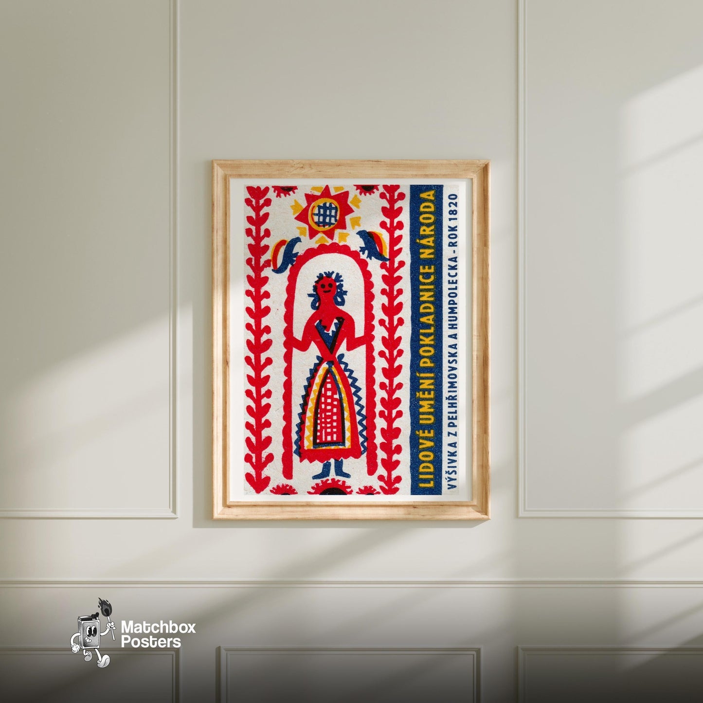 Folk Girl - vintage matchbox label print - bedroom mockup