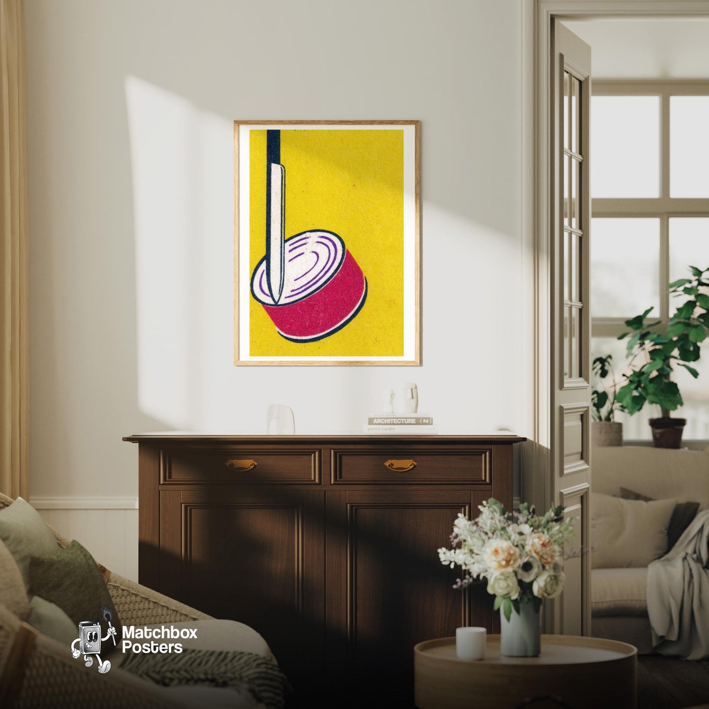 Illustration Of A Sliced Red Onion - vintage matchbox label print - living room mockup